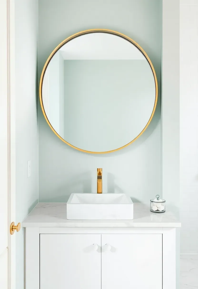 spa-like bathroom painted in soft seafoam mist with white marble vanity and brass mirror frame