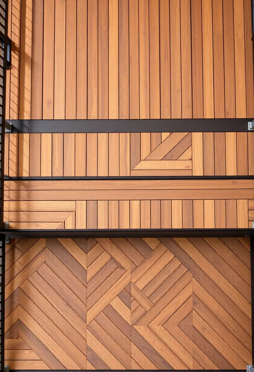 Two-level deck with composite boards laid in alternating diagonal patterns on each level creating a herringbone visual effect with contrasting border boards