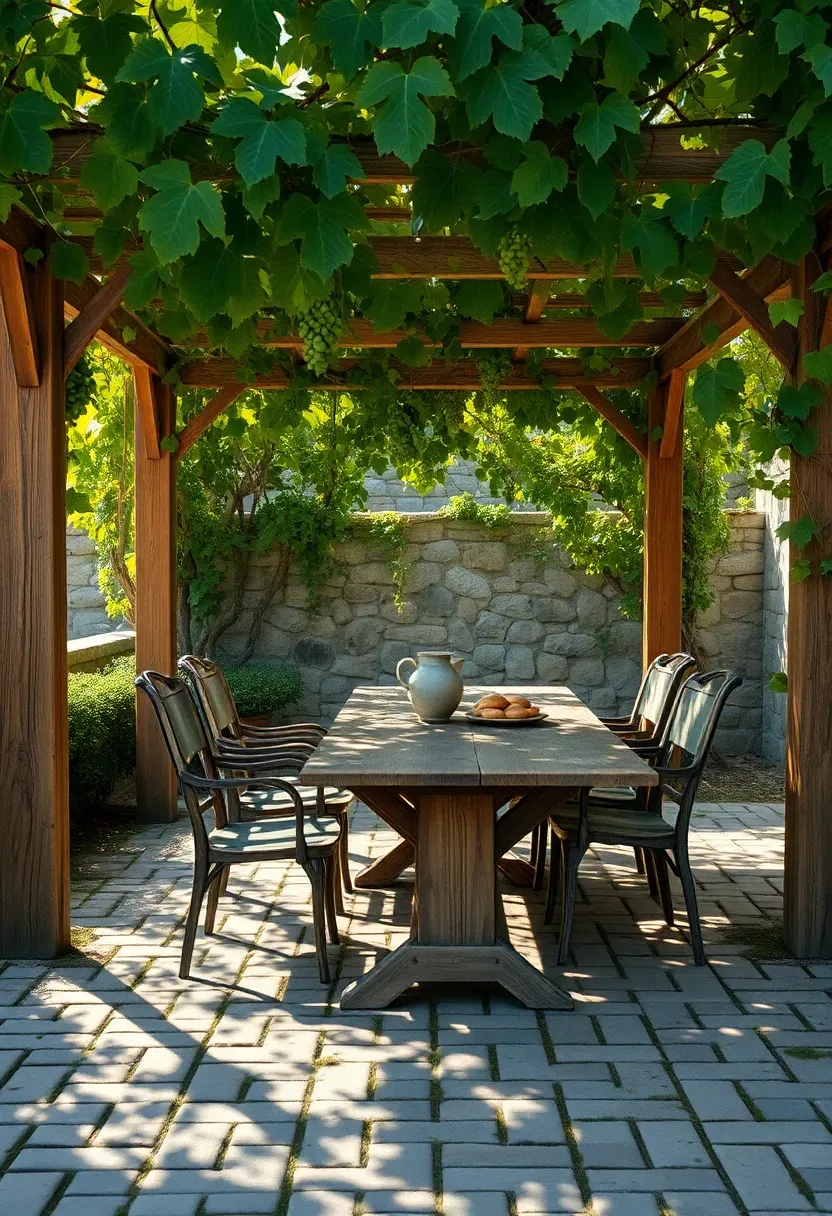 Wooden trellis covered in climbing grapevines forming a natural green canopy over a rustic backyard dining table with mismatched chairs