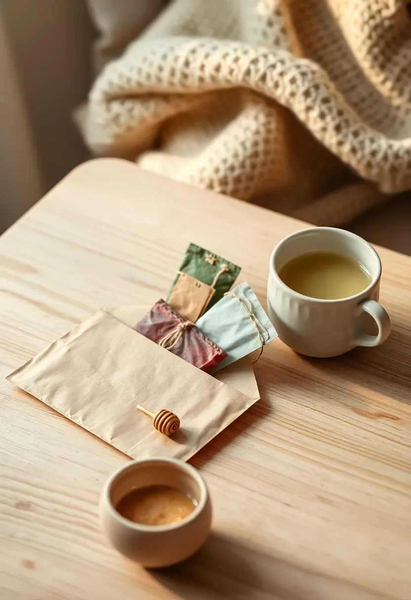 handmade tea sampler envelope with three different tea bags and a small wooden honey spoon inside