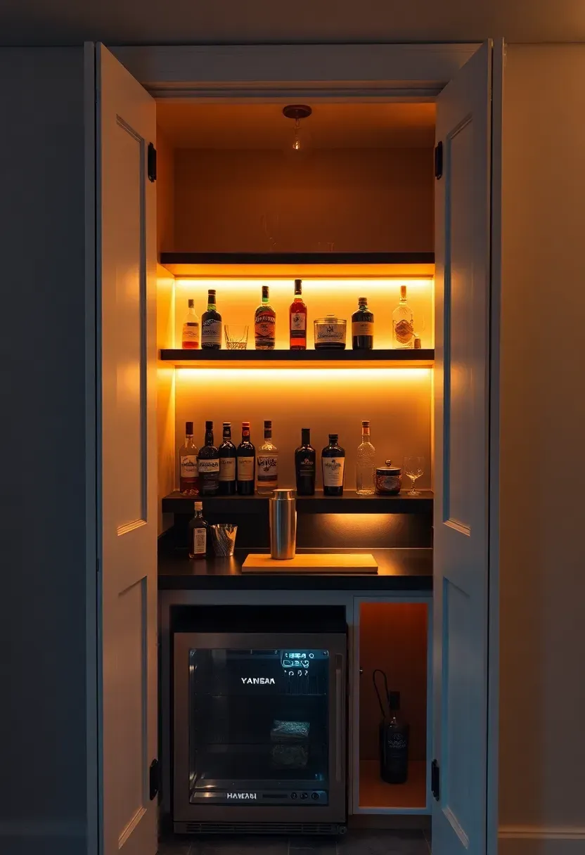 Bar hidden inside a basement closet with bifold doors open, revealing shelves of bottles, a small countertop, and interior LED strip lighting