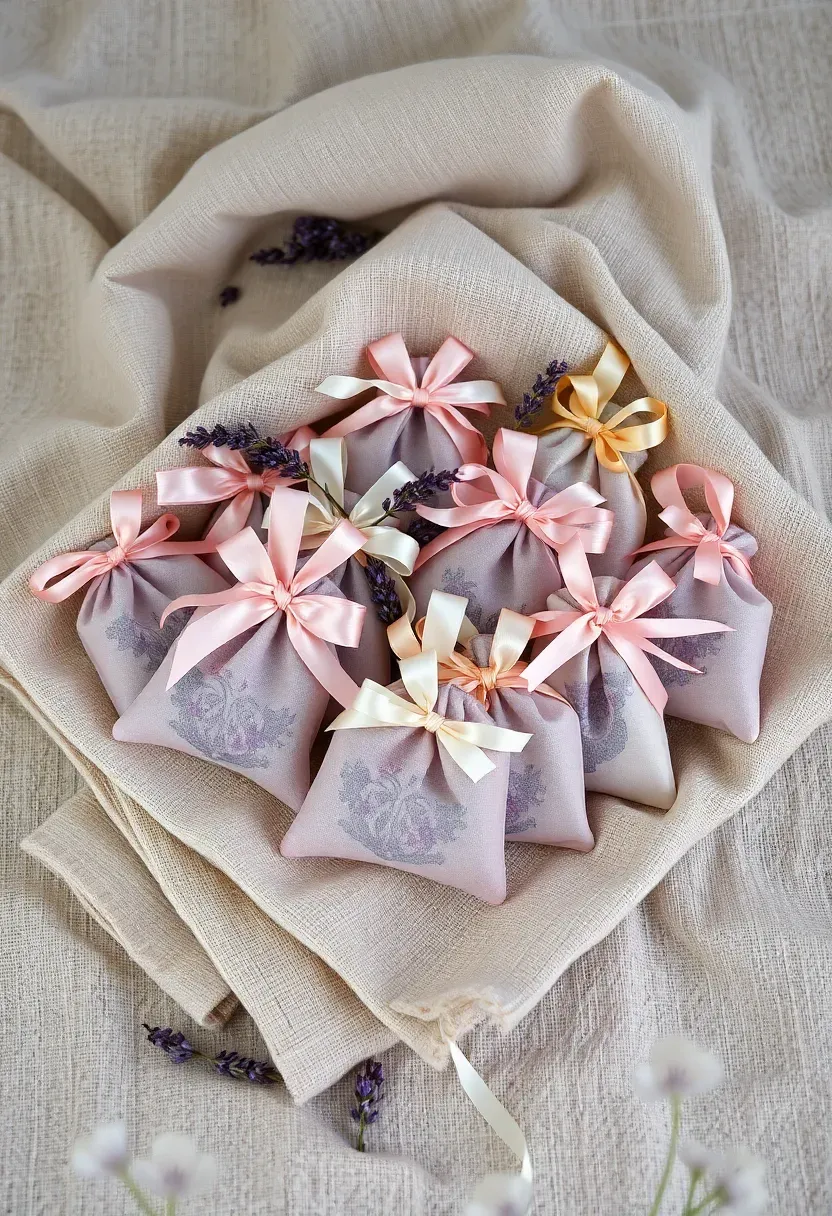 small fabric sachets filled with dried lavender tied with ribbon on a linen cloth