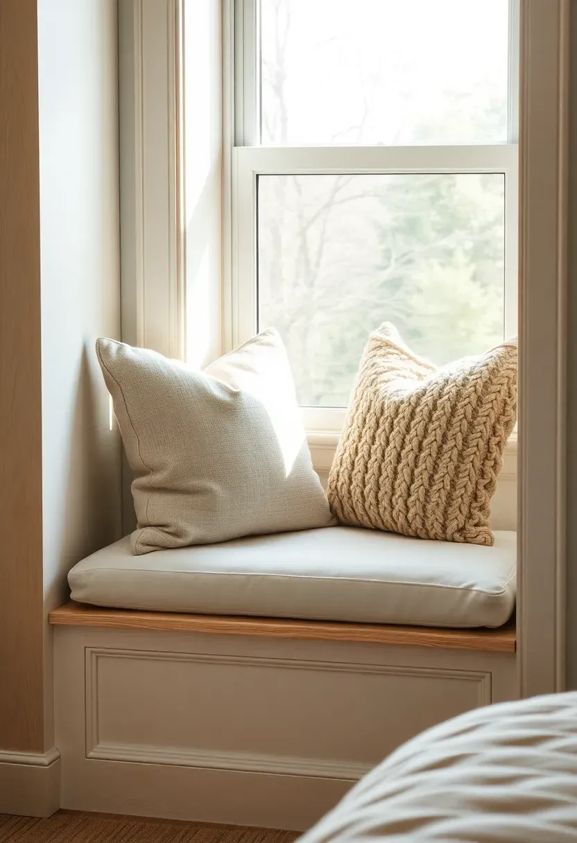 Hyper-realistic 3/4 view of built-in window seat with beige linen cushion and knit throw pillows. Materials: white oak wood frame, linen cushion fabric, wool throw, natural light through window. Soft daylight streaming in, serene reading nook mood. Sharp focus on fabric textures, visible bedroom context. No text, no logos, no watermarks.</p>
