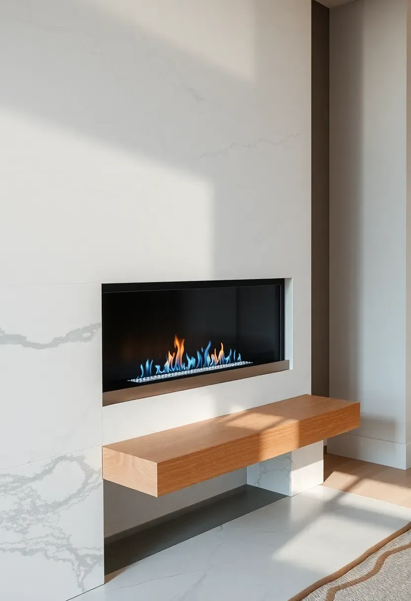 Natural stone slab extending from fireplace surround up the wall with integrated mantel in modern home