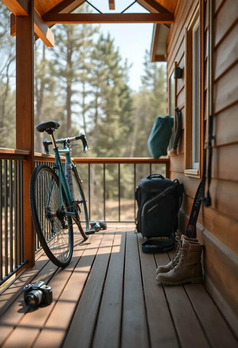 Hyper-realistic 3/4 view of a tiny house porch with outdoor gear visible including a bicycle, hiking boots, and a camera, suggesting an active experience-focused lifestyle. Materials: wood deck, metal railing, outdoor equipment. Bright daylight showing adventure-ready setup. Experience-over-possessions mood with visible outdoor equipment rather than decorative items. Shallow depth of field, sharp activity details, intentional lifestyle composition. No text, no logos, no watermarks.</p>