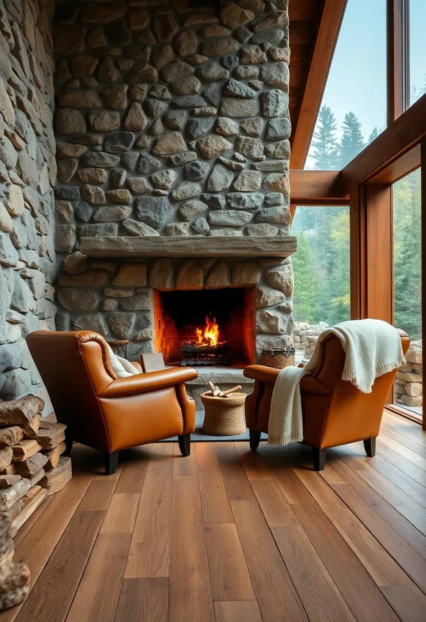 Rustic outdoor sunroom with natural stone walls, a wood-burning fireplace with a stone mantel, leather armchairs, and wool throws in a mountainside setting