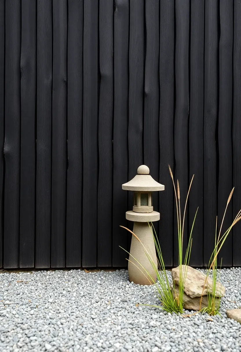 Japanese-inspired shou sugi ban charred wood fence with deep black texture next to a gravel garden path and ornamental grasses