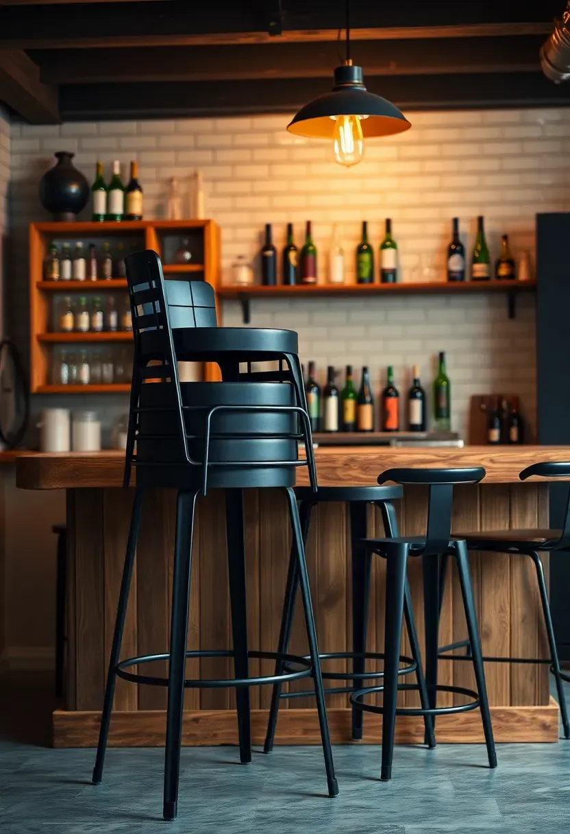 Stackable black metal stools lined up at a wooden bar counter in a basement bar area