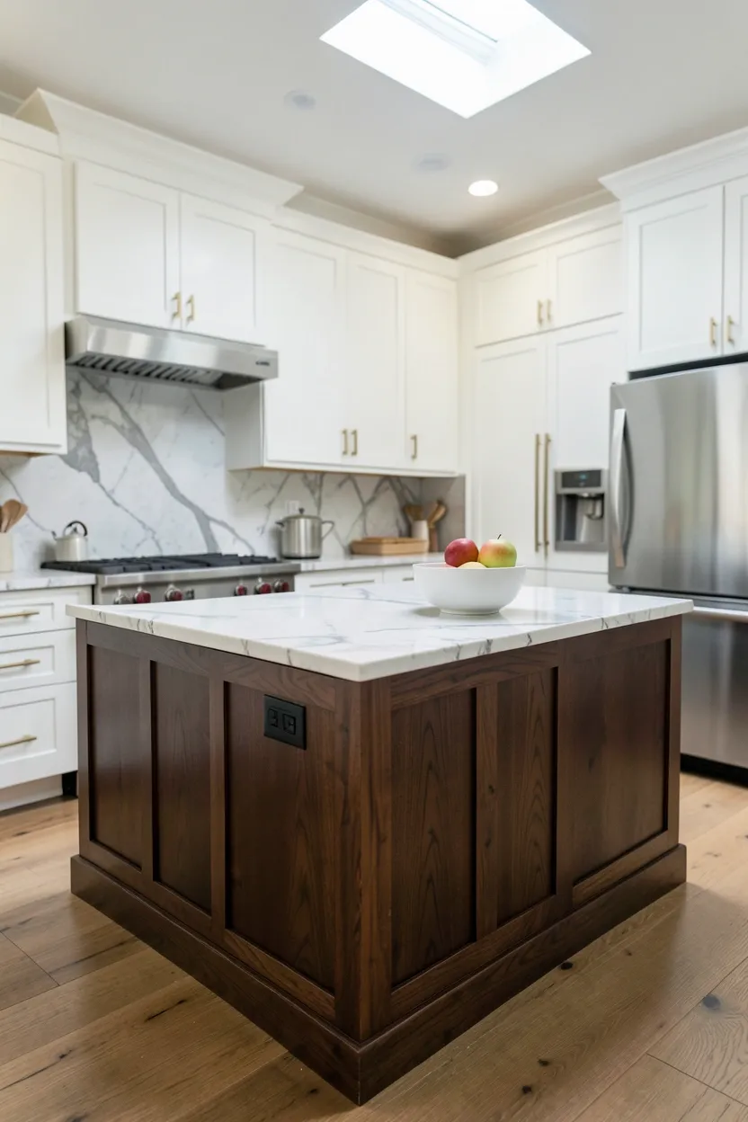 Dark walnut kitchen island with white marble countertop as a focal point in an open-concept kitchen