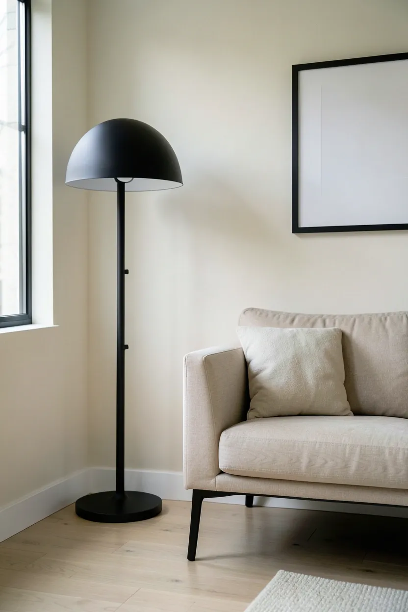 Matte black floor lamp and picture frames adding refined contrast against cream walls and light oak furniture in a Japandi living room
