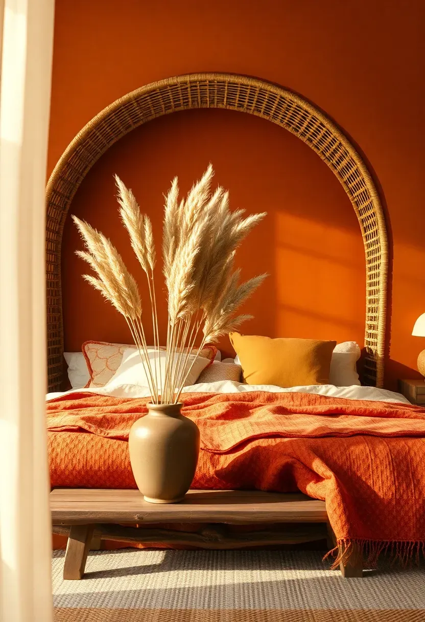 warm bohemian bedroom with a terracotta clay painted accent wall behind a rattan headboard with earth tone textiles and dried pampas grass