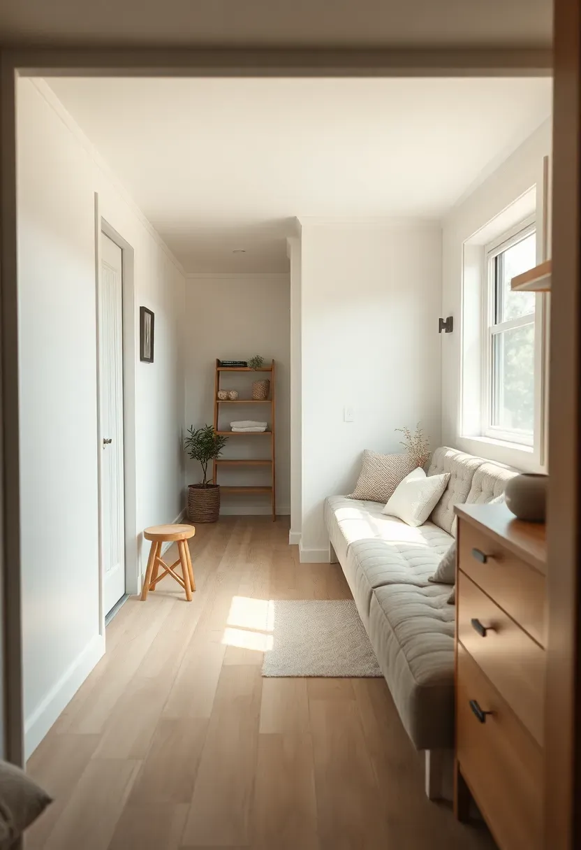 Hyper-realistic 3/4 view of a tiny house interior with durable materials—white oak floor, washable wall paint, performance upholstery, quality finishes. Materials: white oak flooring, matte white walls with subtle sheen, performance linen fabric, ceramic surfaces. Warm diffused window light, creamy neutrals with quality textures. Mood: durable, practical, refined. Shallow depth of field, sharp details, balanced composition, soft shadows, visible room context. No text, no logos, no watermarks.</p>