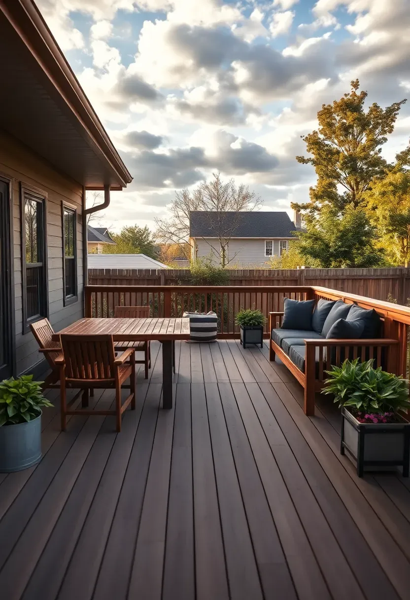 L-shaped wraparound backyard deck with separate dining and lounge zones, wooden railing, and container plants along the edges