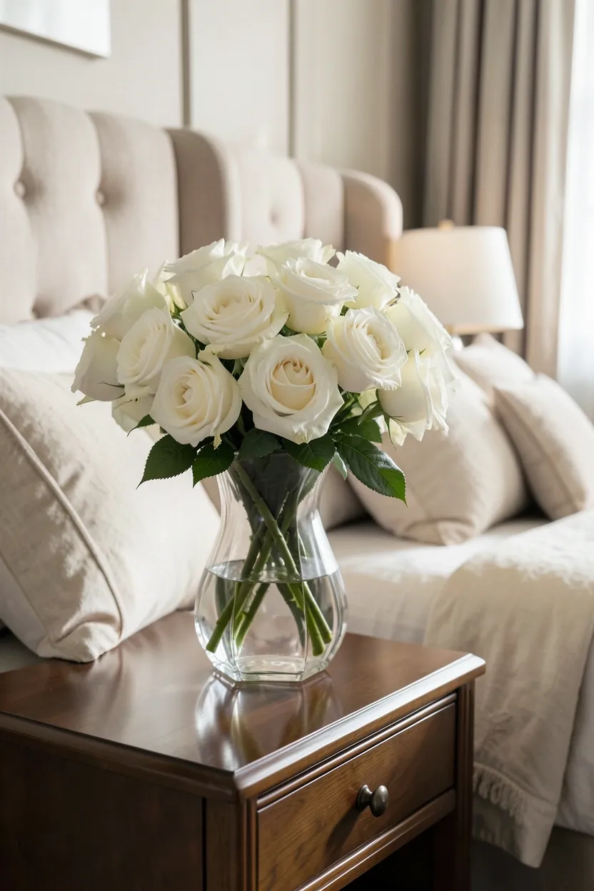 White roses in a tall glass vase on a marble nightstand beside an orchid plant adding natural elegance to a bedroom