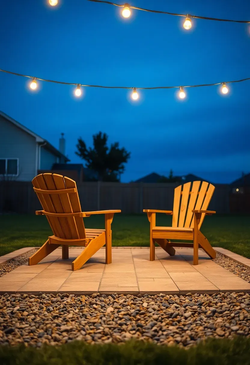 Simple paver patio surrounded by a wide crushed gravel border with Adirondack chairs and string lights in a backyard at dusk
