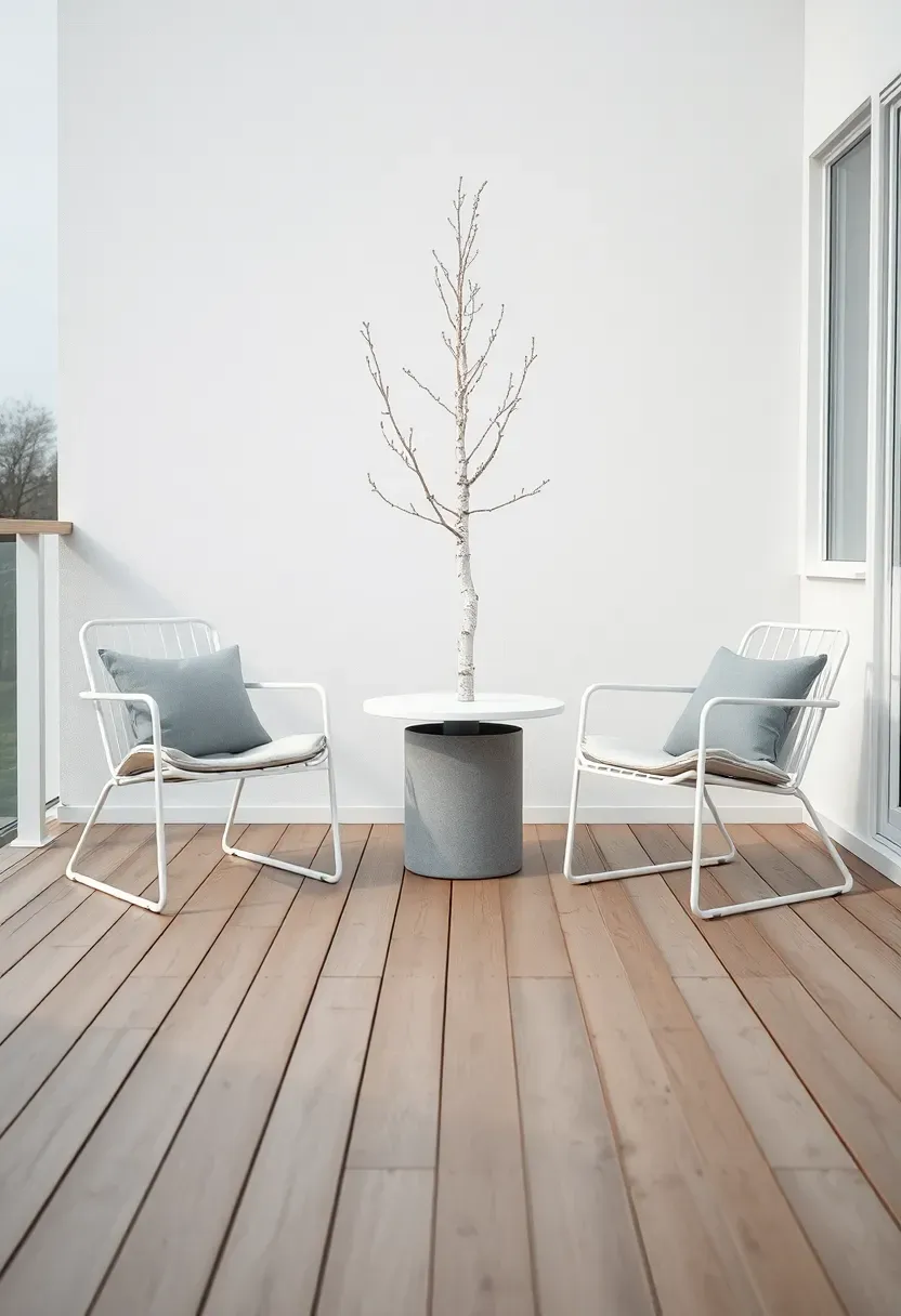 Minimalist Scandinavian terrace with light wood decking, simple white furniture, a single potted birch tree, and pale gray textiles in cool morning light
