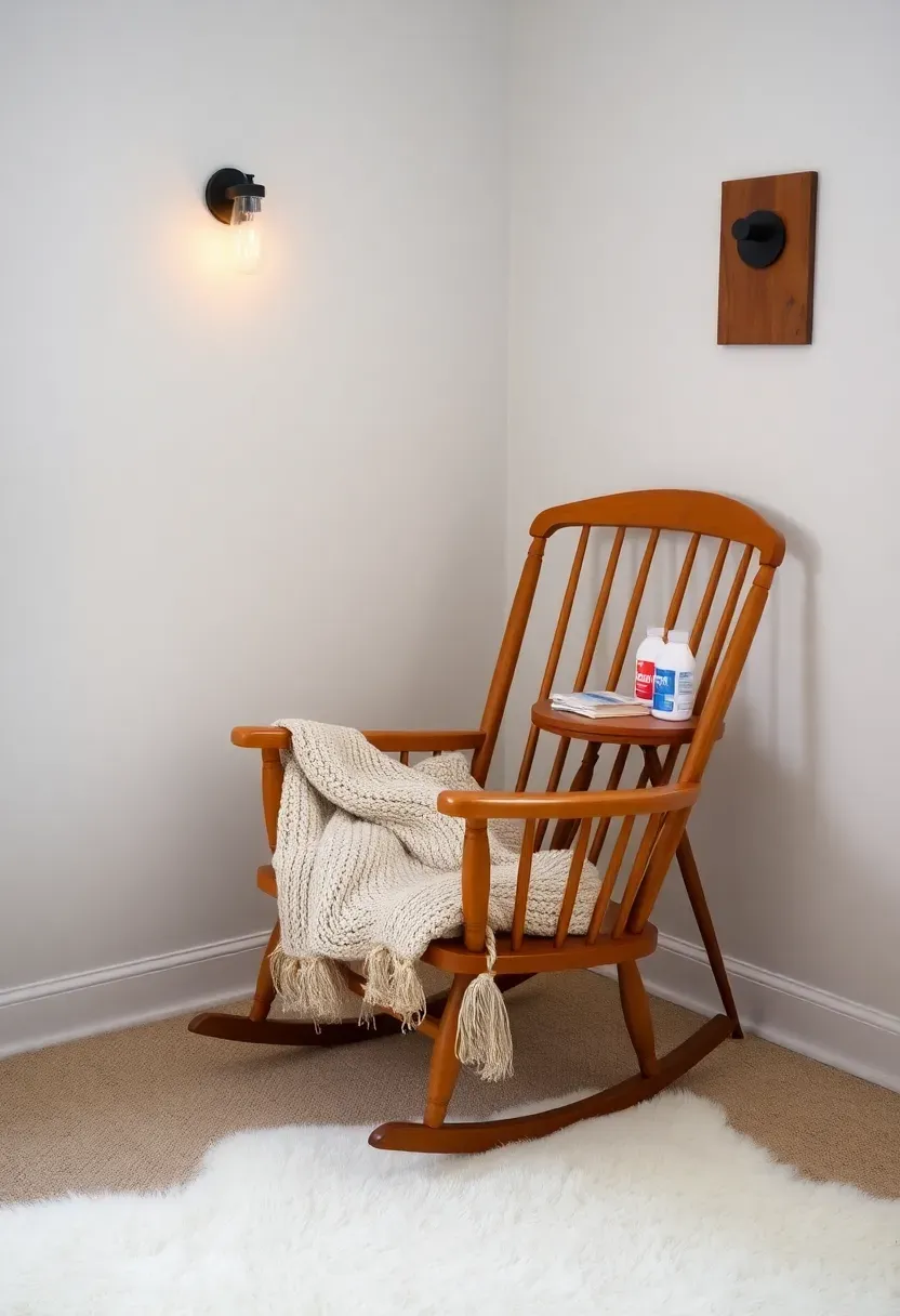 Compact glider rocking chair in a bedroom corner with wall pocket organizer and soft floor lamp for nighttime nursing sessions