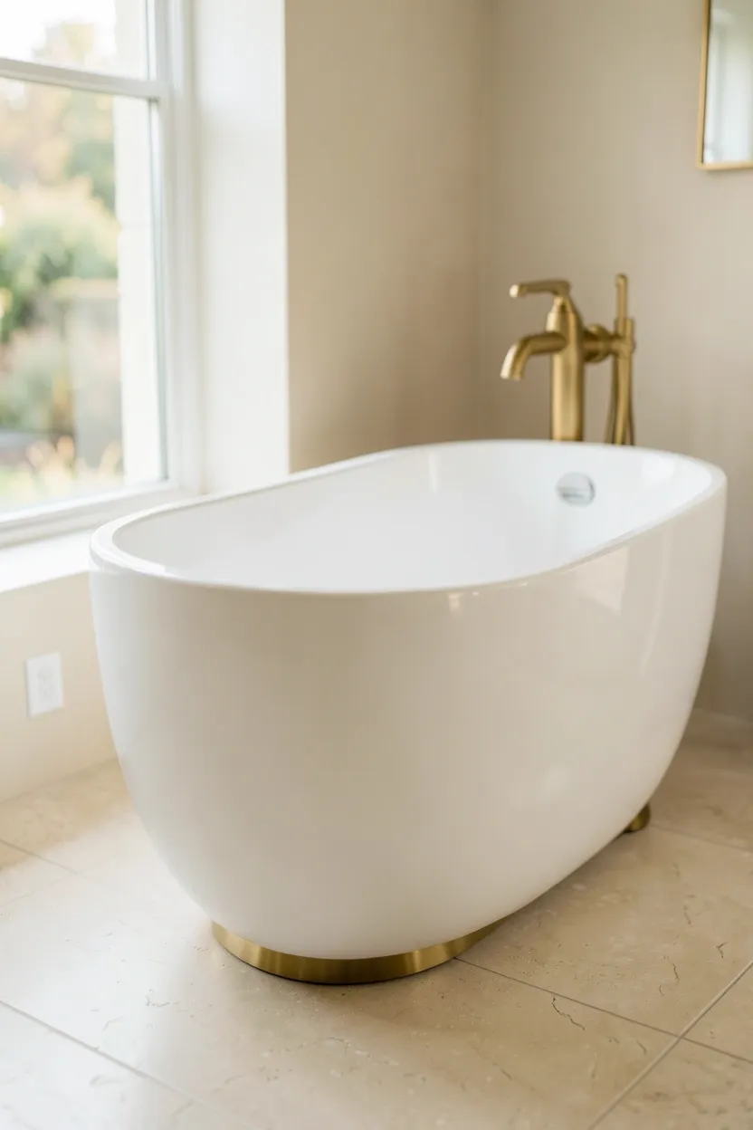 Freestanding oval soaking tub in Toca Boca mansion bathroom with floor-mounted faucet and soft natural light