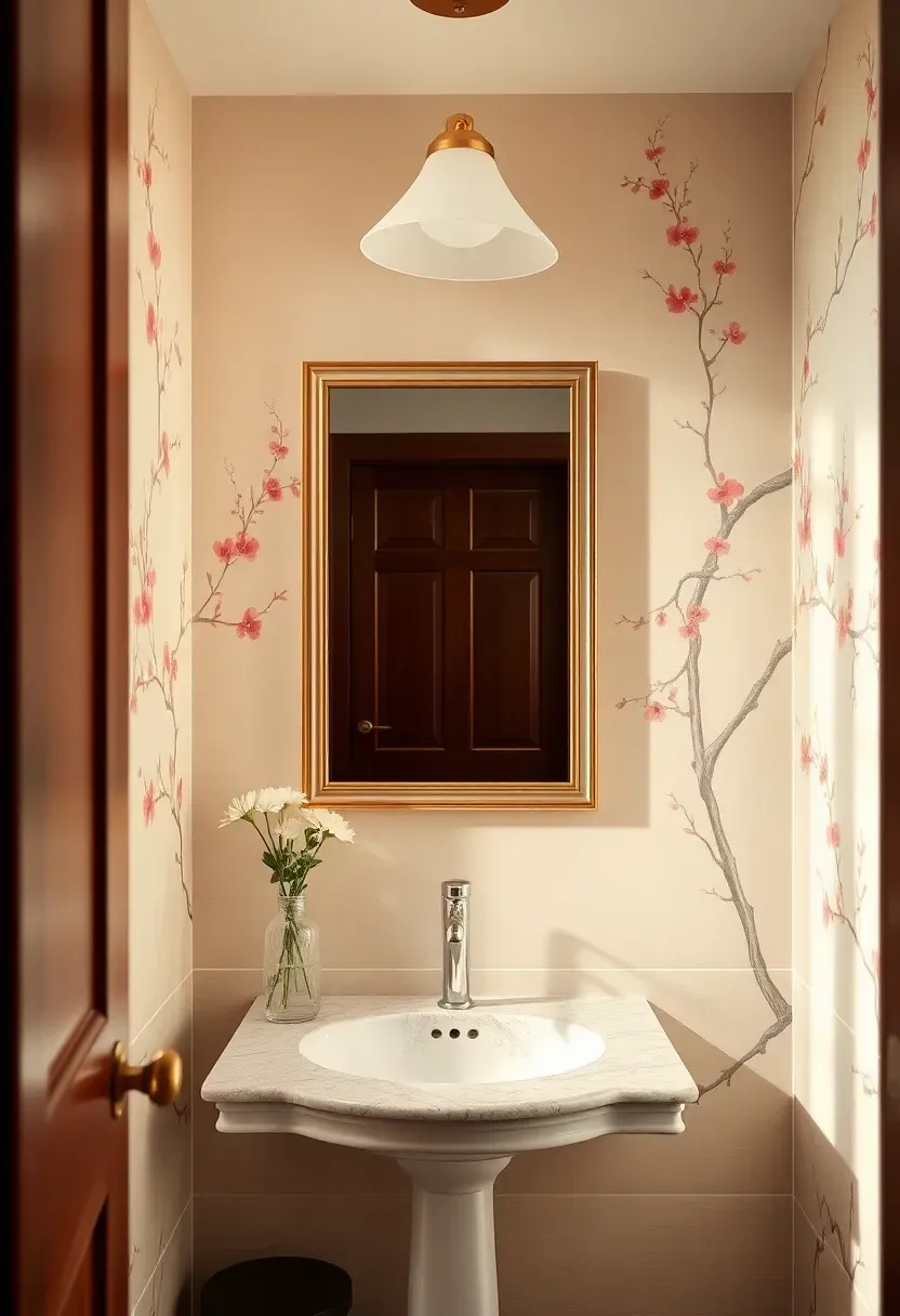 Hand-painted chinoiserie wallpaper featuring birds and blossom motifs in a sophisticated powder room with soft neutral trim