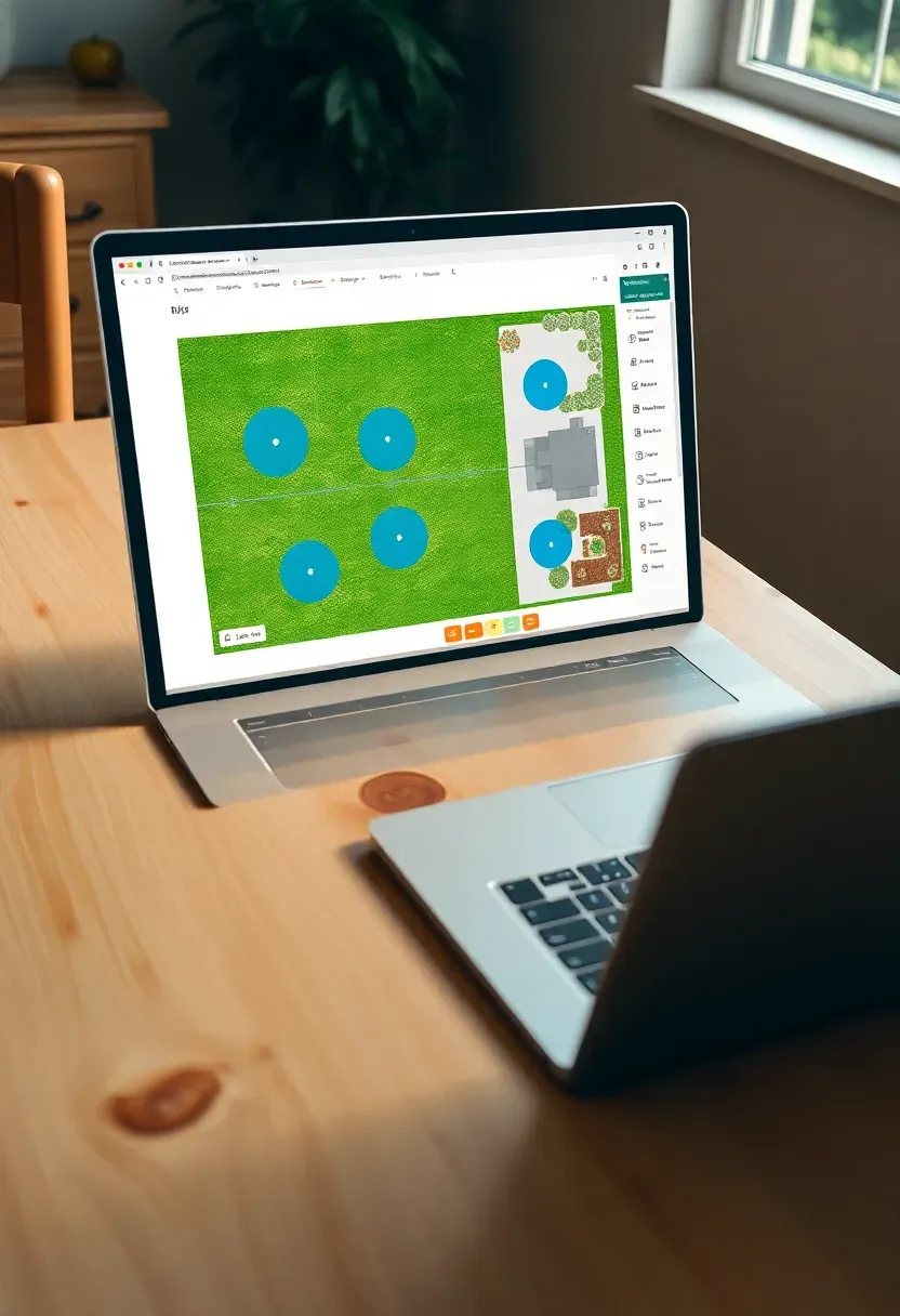 Gardena myGarden browser interface showing an overhead backyard plan with lawn zones, sprinkler coverage circles, and garden bed outlines