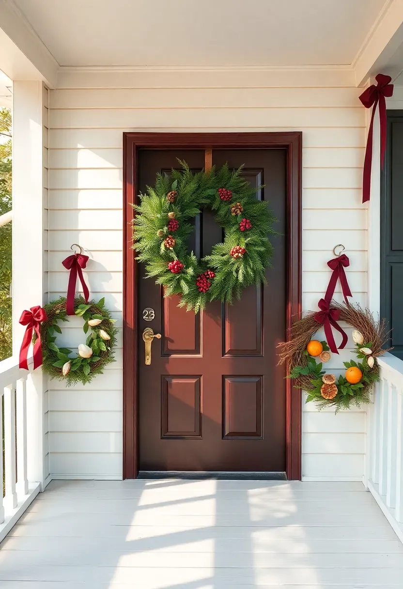 Hyper-realistic wide shot of a front porch with multiple wreaths displayed. A large 28-inch mixed evergreen wreath with pinecones and red berry clusters hangs centered on a dark wood front door. Flanking the door on either side, two smaller 18-inch wreaths hang on the white clapboard wall—one magnolia leaf wreath, one grapevine wreath with dried orange slices. All wreaths hung with matching velvet ribbon in deep burgundy. Porch has white wood flooring and a traditional railing. Soft morning sunlight. Visible house number in brass beside the door. No text, no logos, no watermarks.</p>