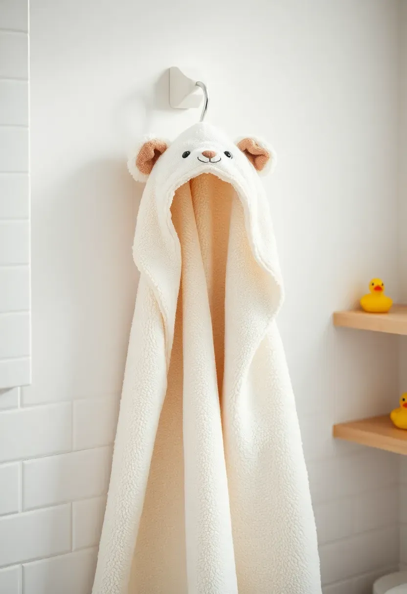 adorable hooded animal towel shaped like a bear hanging in a bright bathroom