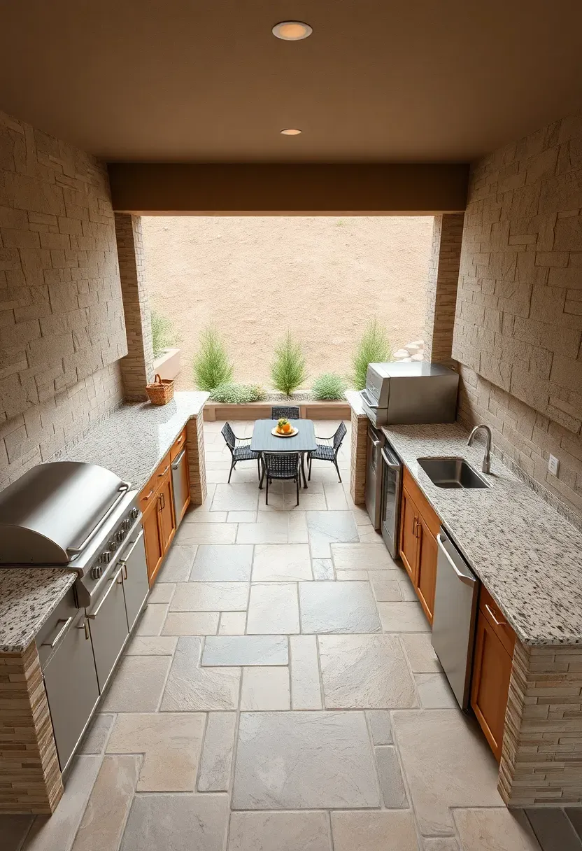 Hyper-realistic overhead 3/4 view of a U-shaped outdoor kitchen with granite countertops on three sides, featuring a gas grill on one wall, sink on another, and refrigerator and storage on the third, with stone flooring throughout. Materials: honed granite countertops, stainless steel appliances, stone veneer cabinetry, flagstone floor. Soft diffuse overcast light, neutral warm palette. Professional kitchen efficiency mood, sharp details on all appliances and countertops, dining area visible beyond the open end of the U. No text, no logos, no watermarks.</p>