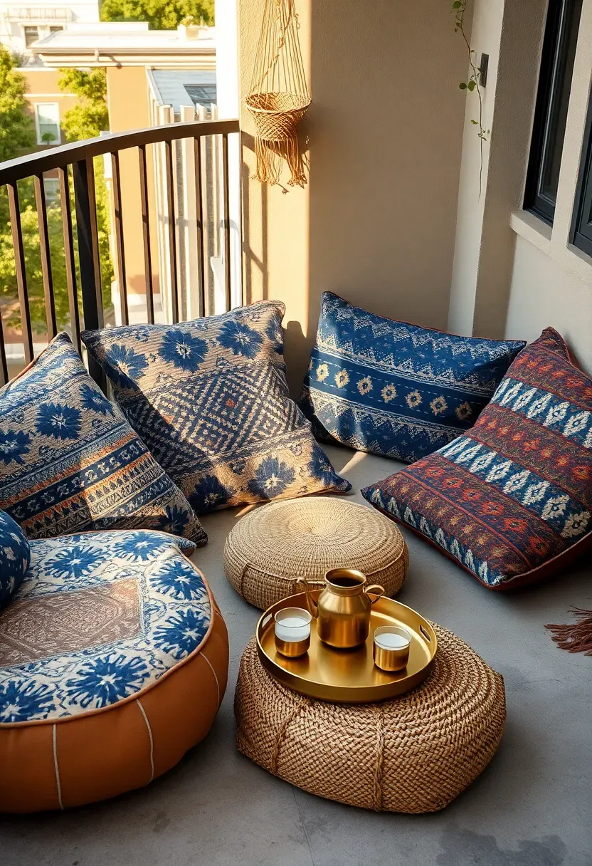 Floor cushions and poufs arranged in a low seating corner on a bohemian-styled apartment patio