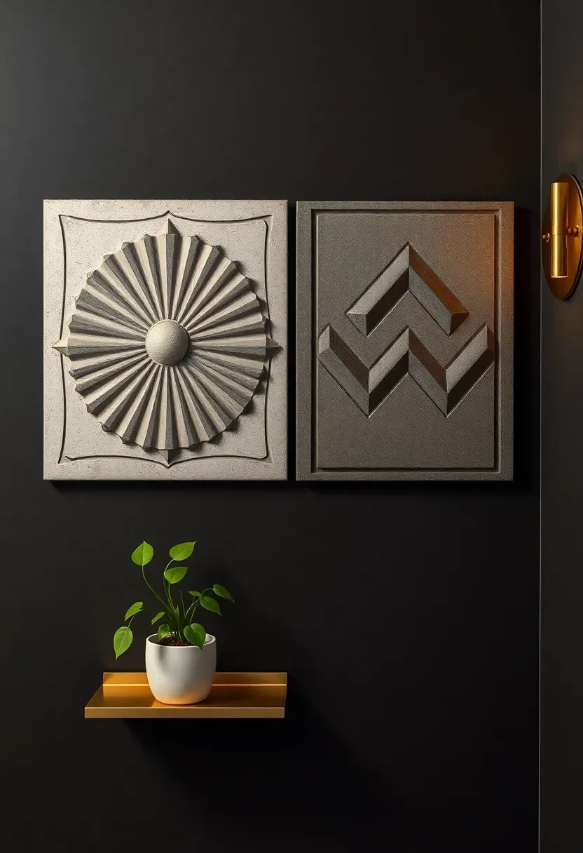 Pair of cast concrete relief tiles with geometric Art Deco patterns mounted on a dark charcoal bathroom wall