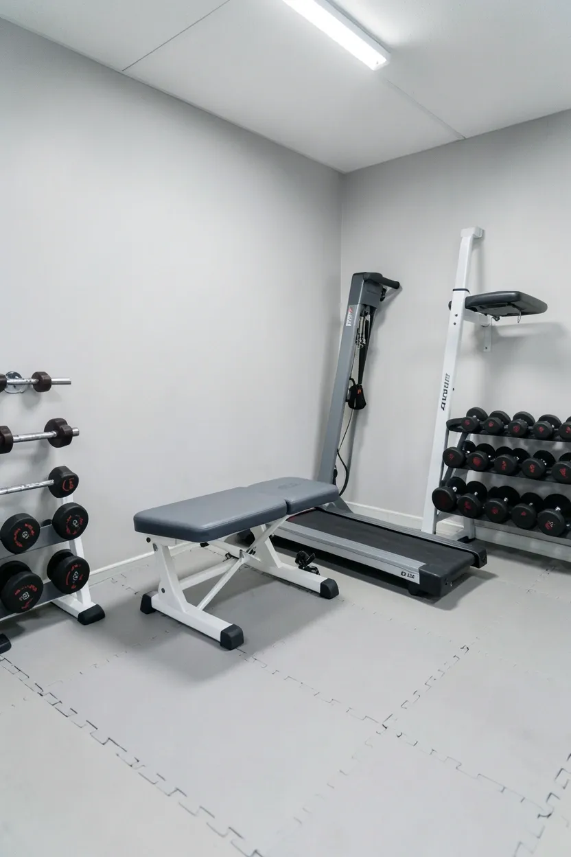 Compact apartment gym with folding treadmill against wall, wall hooks, adjustable dumbbells, and foam floor tiles