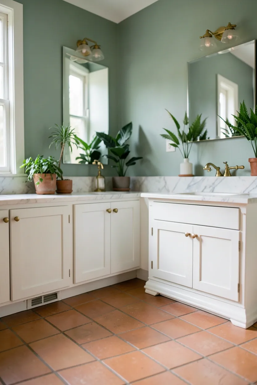 Rustic terracotta brick feature wall in a bathroom with reclaimed wood shelf and vintage-inspired lighting