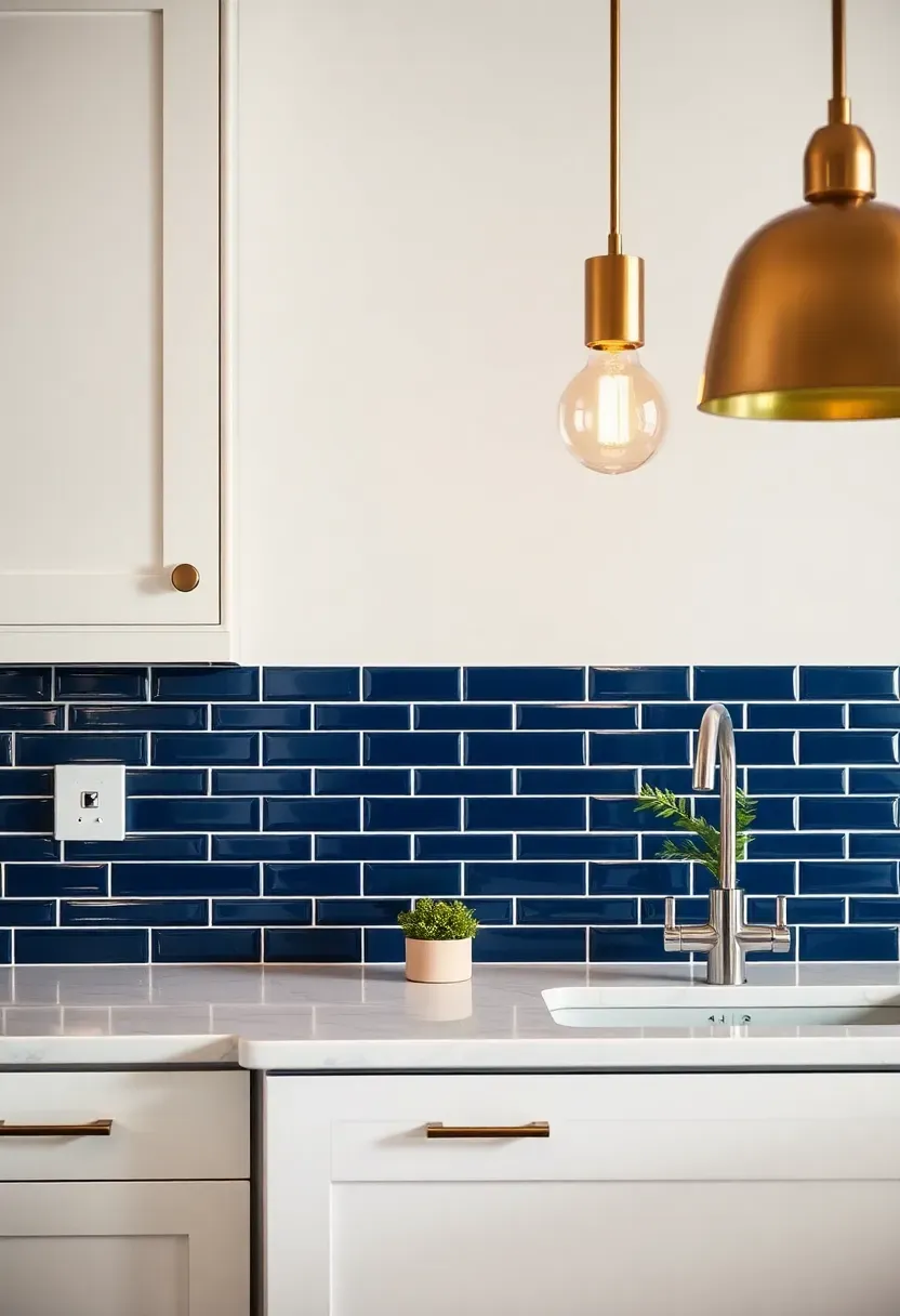 navy blue subway tile backsplash with white grout lines in a kitchen with white cabinets and marble countertops and brass pendant lights