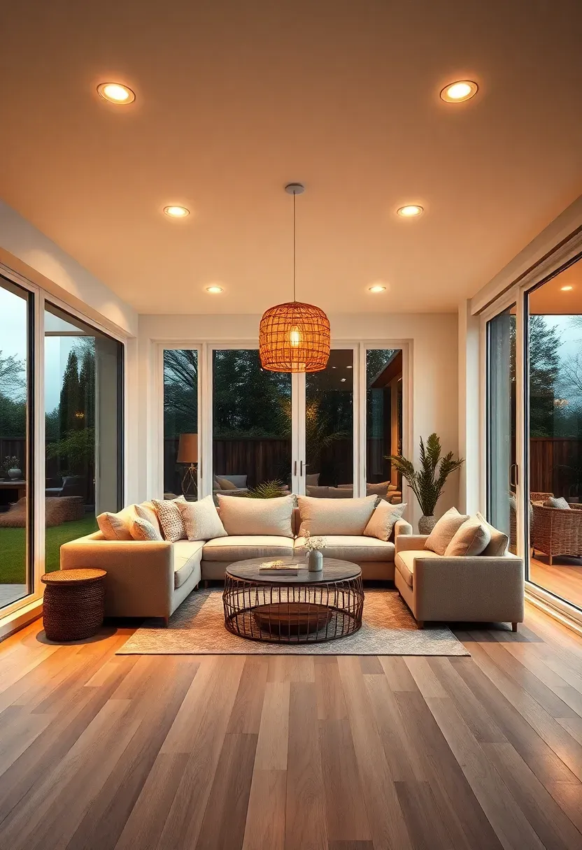 Modern sunroom at dusk with warm recessed ceiling lights and a single rattan pendant glowing over a linen sofa, windows reflecting the interior back
