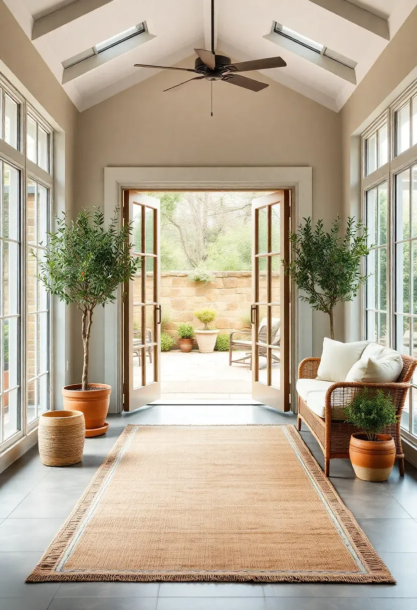 Sunroom with large glass doors open to a patio, indoor and outdoor rugs blending together, potted trees flanking the doorway, and coordinated seating on both sides