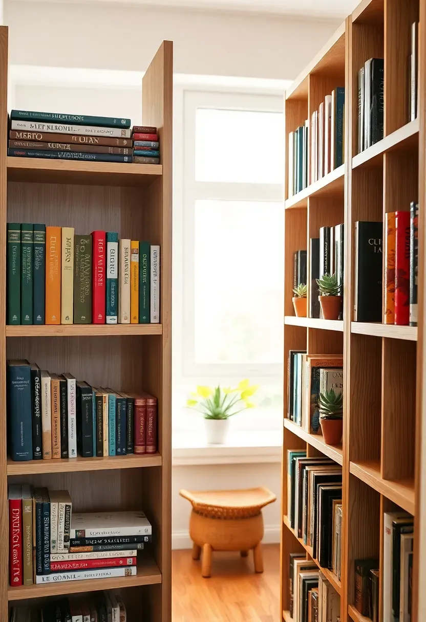 Tall narrow freestanding bookshelf used as a room divider in an apartment sunroom, books arranged with spines facing both directions, small potted succulents on alternating shelves, natural light filtering through gaps