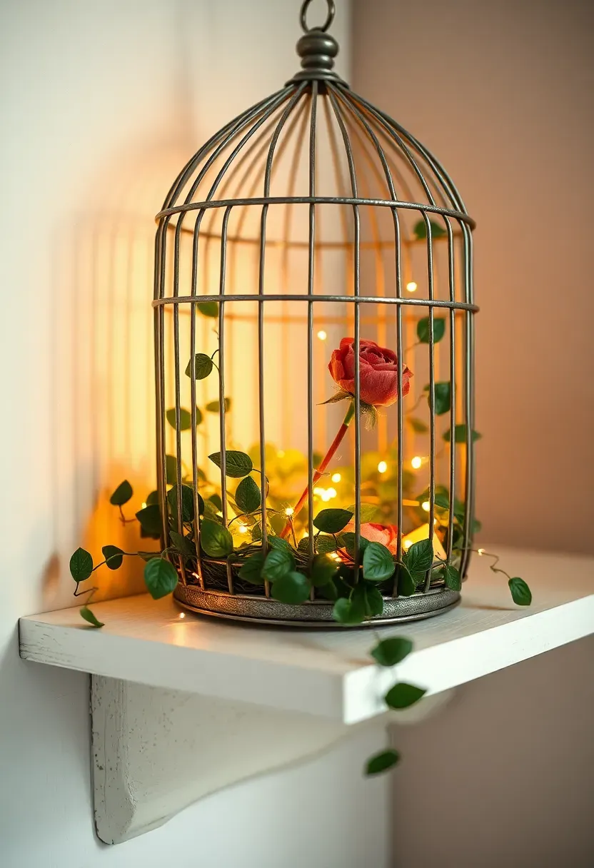 vintage decorative birdcage on shelf with trailing ivy and fairy lights in baby nursery