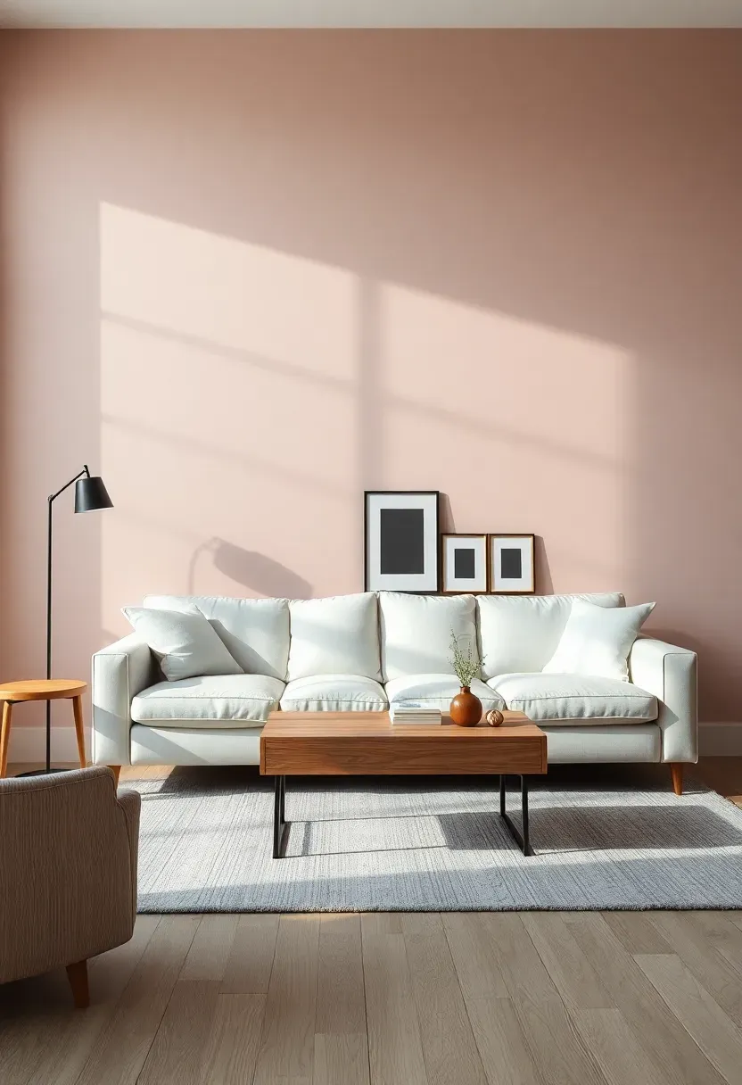 Hyper-realistic wide shot of a minimalist living room with pale mauve walls, white sofa, oak coffee table, black metal floor lamp, and black picture frames. Materials: matte pale mauve paint, white cotton upholstery, white oak wood, black metal, light gray wool rug. Soft natural daylight with subtle shadows, modern and sophisticated atmosphere. Clean composition with negative space, sharp contrast between mauve, oak, and black, no clutter, no text, no logos.</p>