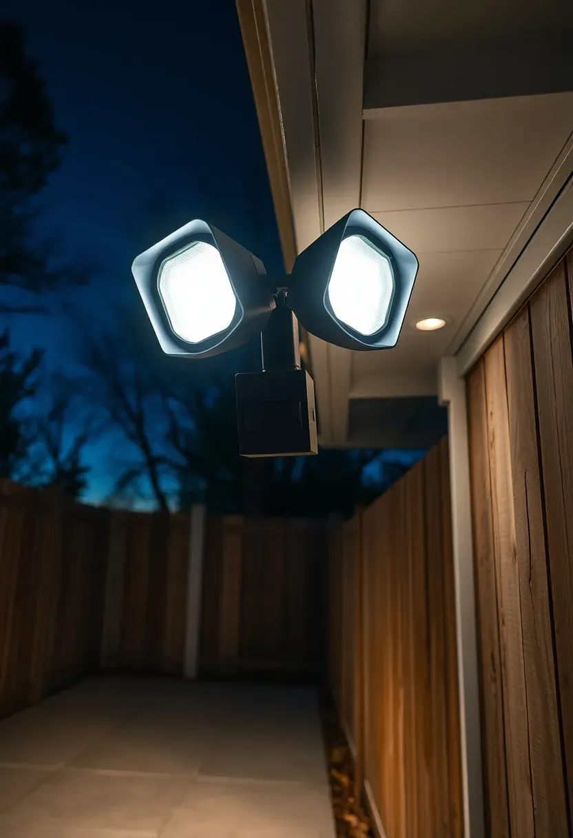 A modern matte black motion-sensor LED floodlight mounted under the eave of a house illuminating a backyard walkway and fence line at night