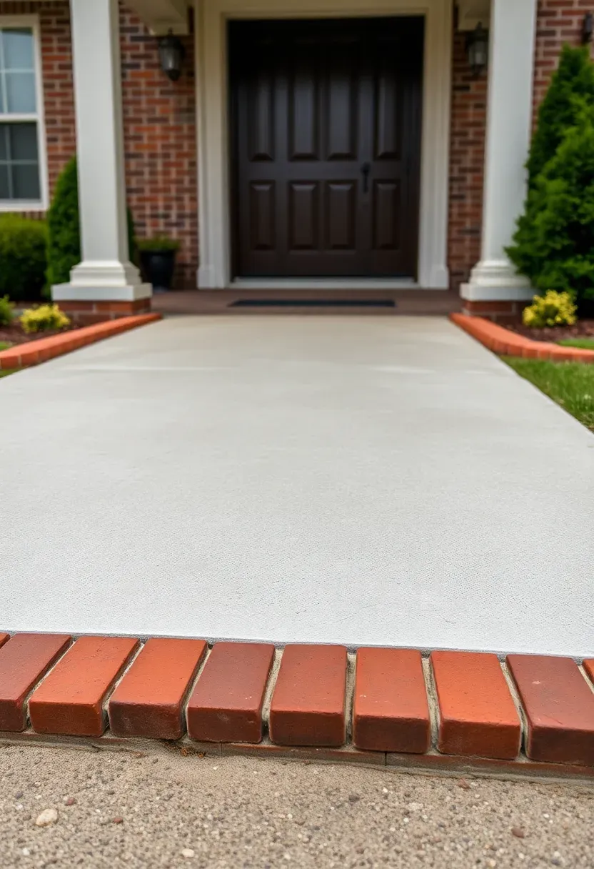 Ranch home driveway apron repour with brushed concrete and decorative brick soldier course border