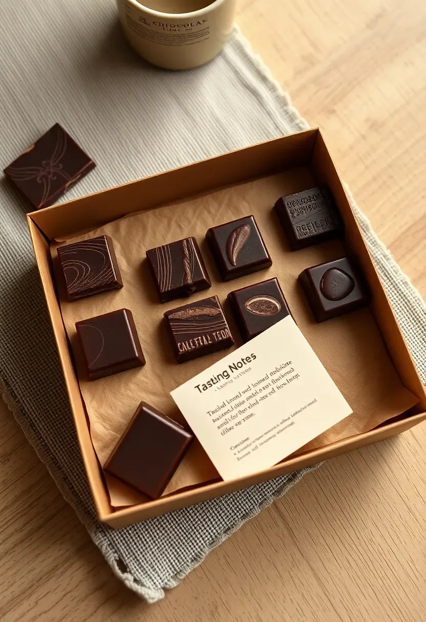 Artisan chocolate tasting box with six different chocolate squares arranged in a kraft paper box with tasting notes card