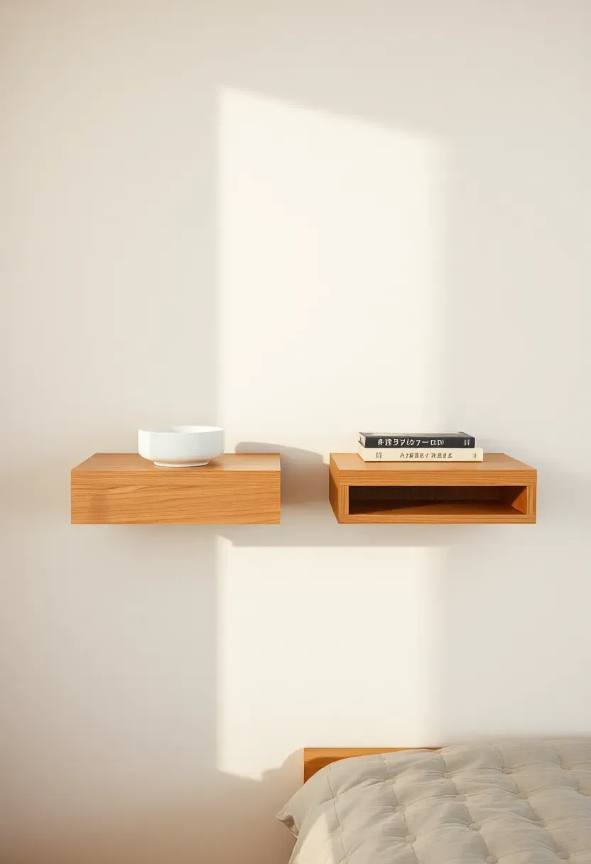 Floating wall-mounted light oak nightstands with minimal styling