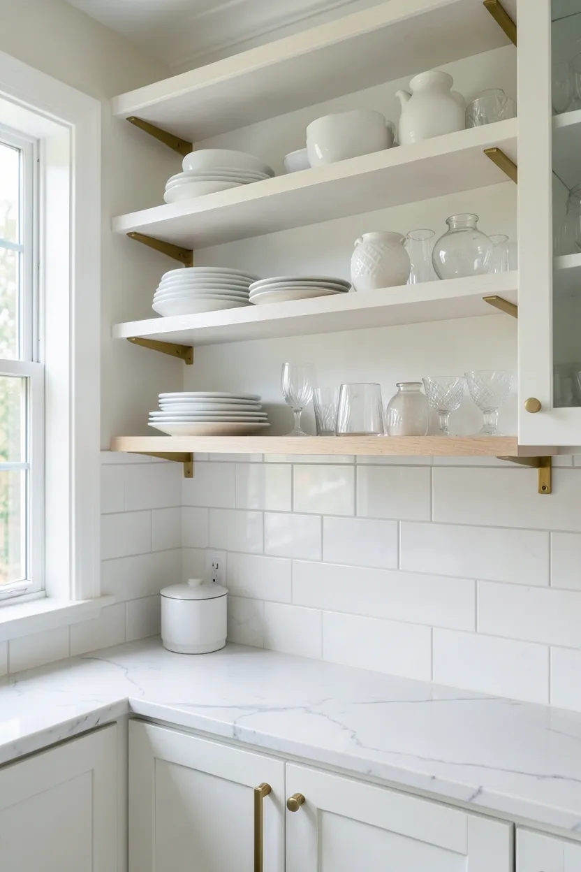 Hyper-realistic eye-level photograph of an elegant kitchen with open shelving instead of upper cabinets. Floating white shelves with brass brackets display neatly arranged white dinner plates, crystal glasses, and decorative ceramic pieces. Below, white shaker cabinets with brass pulls. Marble countertops and white subway tile backsplash between shelves. Natural light from window. Materials: white oak shelves, brass brackets, white ceramic, crystal. Organized and elegant mood. Sharp focus on the shelf contents and bracket details. No text, no logos, no watermarks.</p>