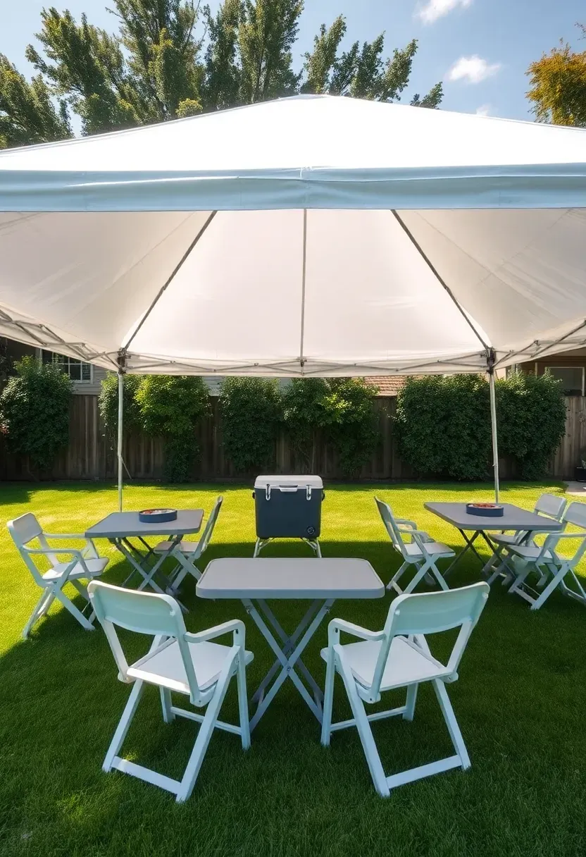 White pop-up canopy tent set up on a backyard lawn for an outdoor gathering with folding tables beneath it
