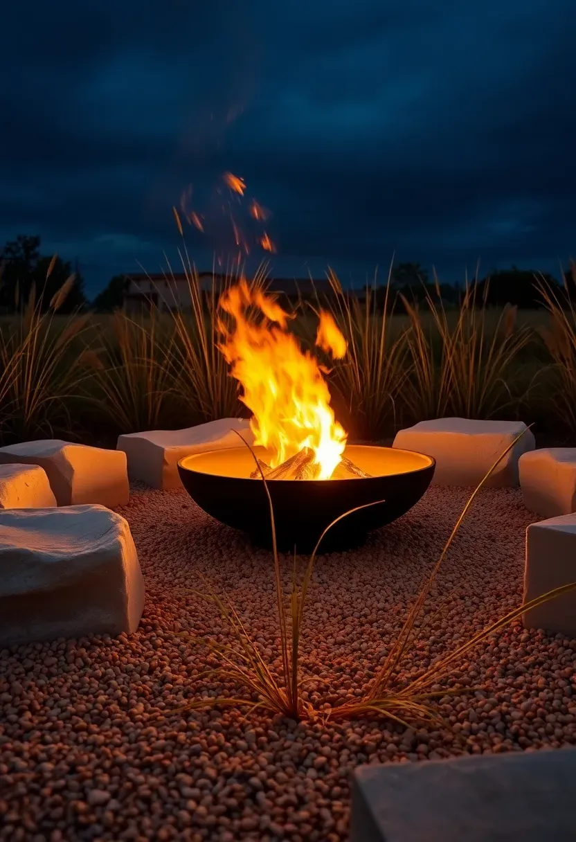 Sunken outdoor lounge with a central fire bowl surrounded by natural stone boulders, gravel ground cover, and low ornamental grasses creating an intimate gathering space