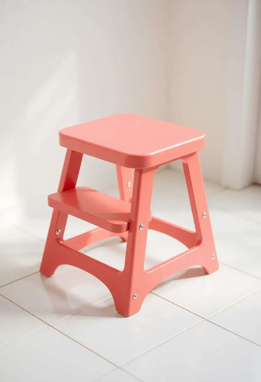 Bright coral two-step stool with non-slip rubber feet placed near bathroom sink for children to reach independently