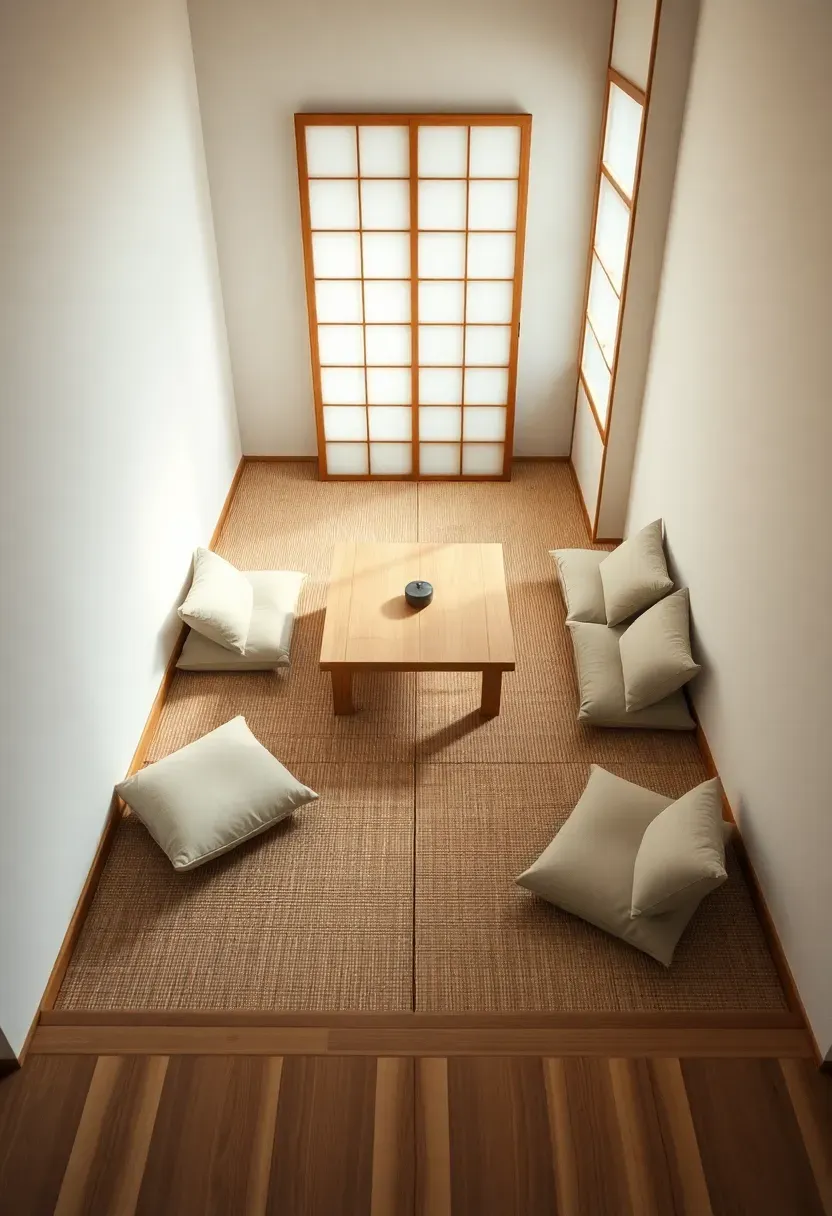 Hyper-realistic high-angle view of recessed floor seating area in Japanese tiny house. Sunken conversation pit (6 inches below main floor) with tatami flooring, surrounded by raised wooden platform with floor cushions positioned around edge. Low table in center. Shoji screen to side. Materials: straw tatami, light wood platform, cream cushions, white walls. Soft natural light from shoji, highlighting level change and seating arrangement. Shallow depth of field showing tatami texture and cushion details. Japanese floor seating innovation mood.</p>