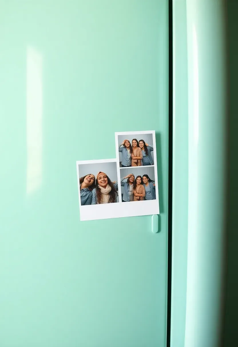 photo strip magnet on a pastel refrigerator showing baby shower guests posing in a photo booth