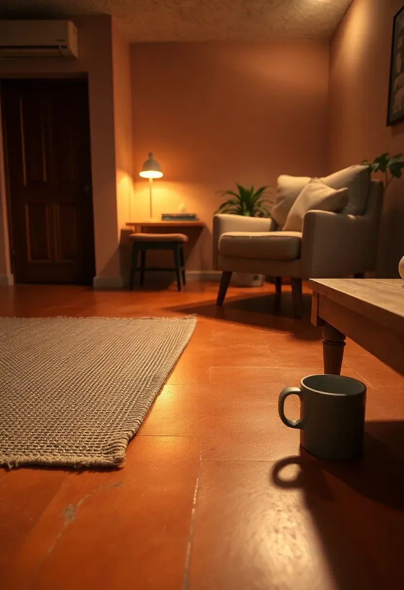 Warm terracotta-colored painted basement floor in a cozy basement living room with earth-toned textiles and wooden furniture
