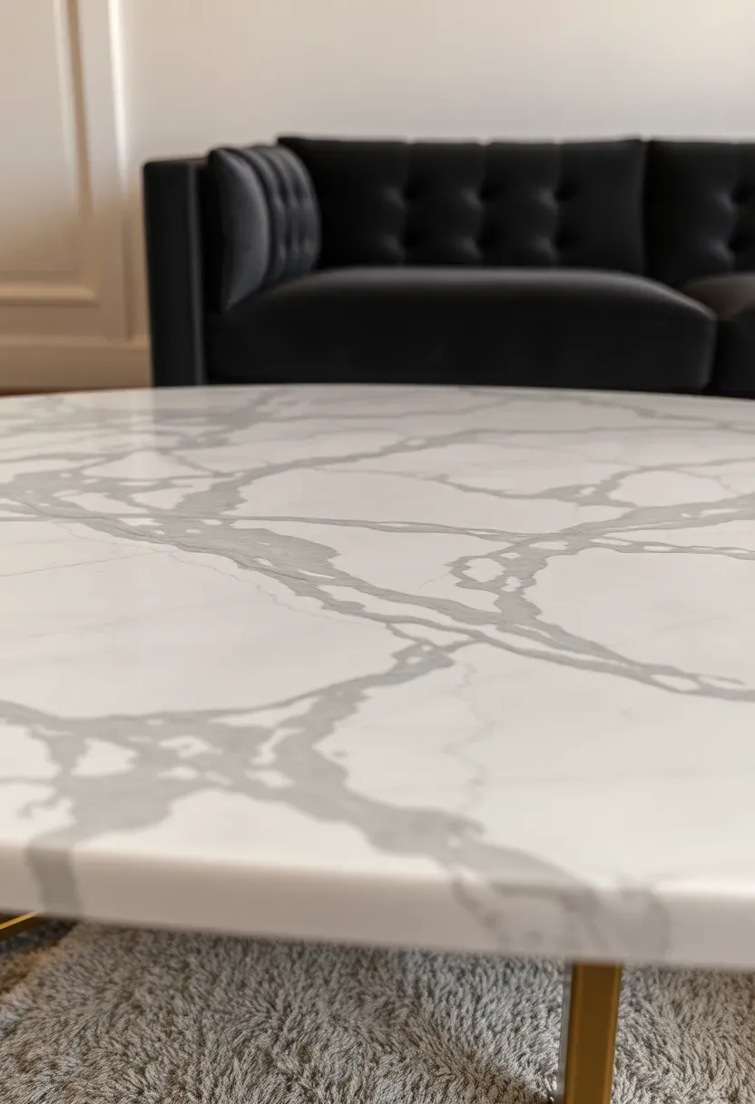 Hyper-realistic close-up view of marble coffee table. Materials: Calacatta marble slab 3 inches thick with dramatic gray veining, polished finish, brass slender legs, charcoal velvet sofa visible in background, cream walls. Natural stone patterns as primary visual interest. Substantial luxurious proportions making table sculptural presence.</p>