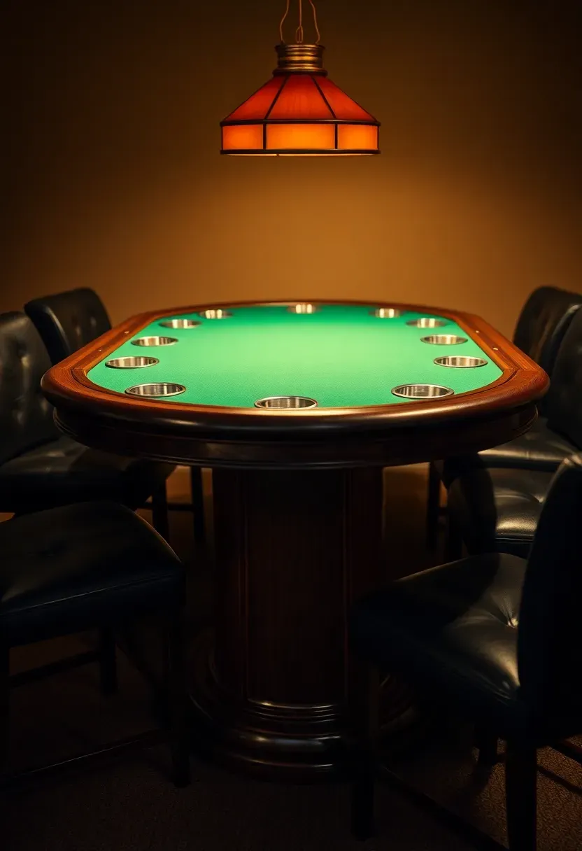 oval poker table with green felt top and built-in cup holders in a warm basement with low amber lighting